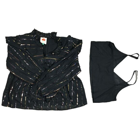 NWOT Farm Rio Metallic Stripe Ruffle Shirt in Black SZ S - Picture 7 of 9
